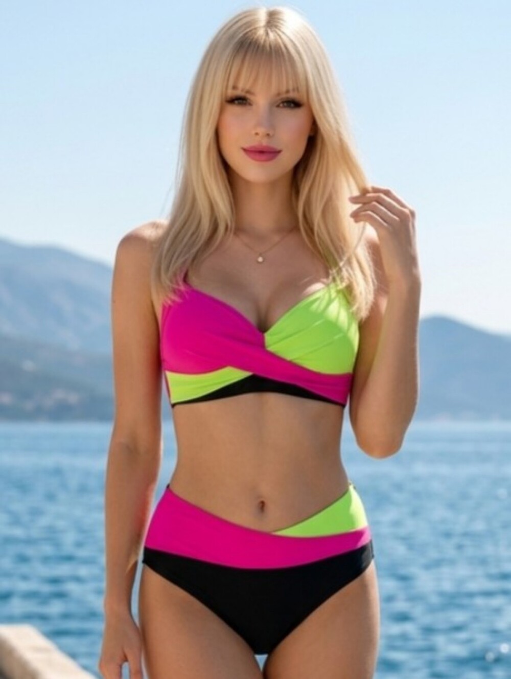 🩵NWOT Neon Colorblock Crisscross High Waist Swimsuit Small
